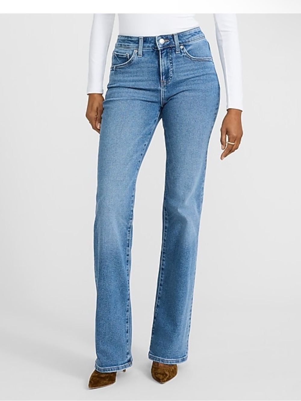 Express Mid-Rise Flare Jeans in Light Blue Denim